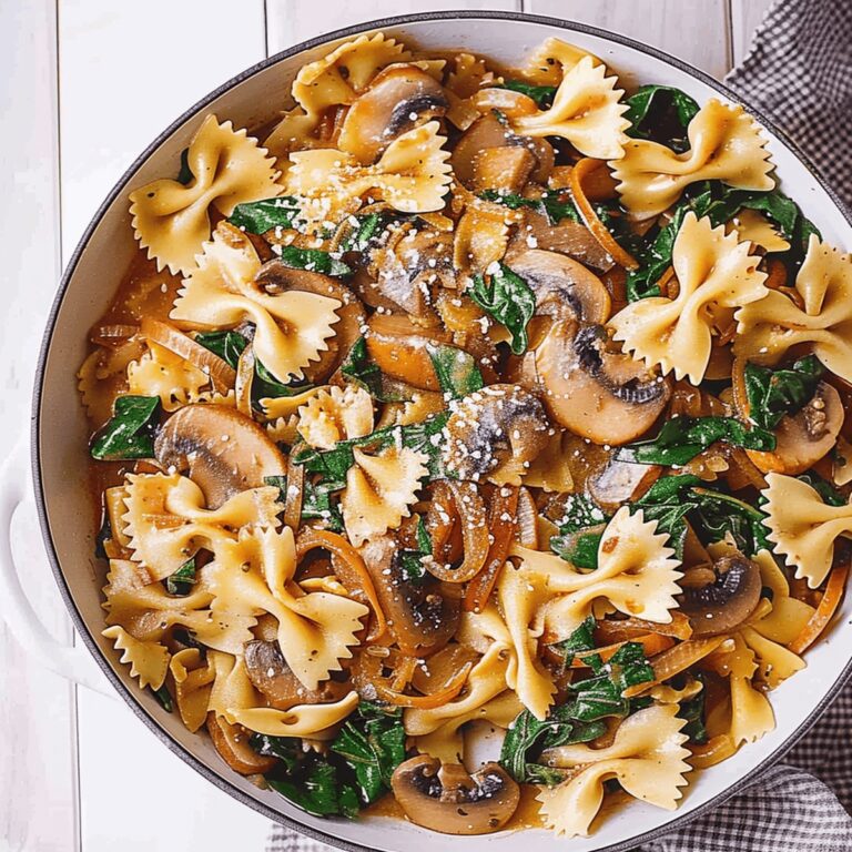 Farfalle with Spinach, Mushrooms, Caramelized Onions Recipe