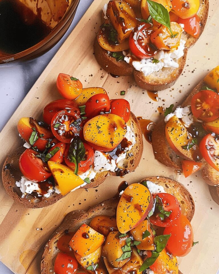 Silky Burrata Bruschetta with Peaches and Tomatoes Recipe